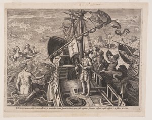 Christoph Kolumbus auf seinem Schiff, aus Americae Retectio (Die Entdeckung Amerikas) von Adriaen Collaert