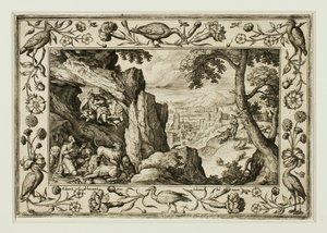 Daniel in der Löwengrube, aus Landschaften mit alten und neuen Testamentsszenen und Jagdszenen