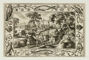 Hirschjagd, aus Landschaften mit Szenen aus dem Alten und Neuen Testament und Jagdszenen von Adriaen Collaert