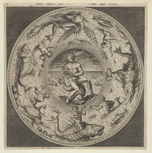 Entwurf für einen Teller mit Arion, der auf einem Delphin reitet, in einem von Seeungeheuern umgebenen Medaillon, um 1600 von Adriaen Collaert