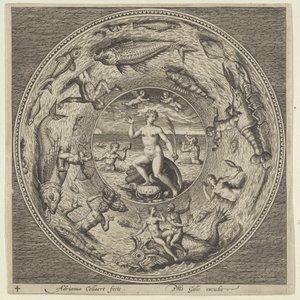 Entwurf für einen Teller mit Galatea auf einer Muschel flankiert von Trompetern in einem Medaillonrand, ca. 1600 von Adriaen Collaert
