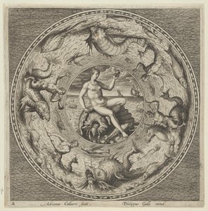 Entwurf für einen Teller mit Thetis auf einer Muschel in einem Medaillon, umgeben von Seeungeheuern, ca. 1600 von Adriaen Collaert