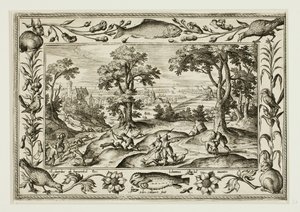 Hasenjagd, aus Landschaften mit Szenen aus dem Alten und Neuen Testament und Jagdszenen von Adriaen Collaert