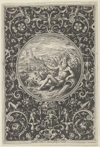 Neptun in einem dekorativen Rahmen mit Grotesken, aus dem Urteil des Paris, ca. 1580-1600 von Adriaen Collaert