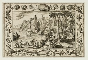 Die Tochter des Pharao findet Moses, aus Landschaften mit alten und neuen Testament-Szenen und Jagdszenen von Adriaen Collaert