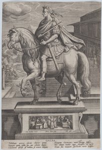 Platte 7: Reiterstatue von Galba, im Profil nach links, mit einer Enthauptungsszene..., ca. 1587-89