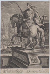 Platte 8: Reiterstatue von Otho, von hinten gesehen, seine Todesszene im Hintergrund, ca. 1587-89