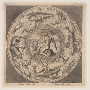 Poseidon, aus einer Serie von Entwürfen für Teller (Fonds de Coupe) von Adriaen Collaert