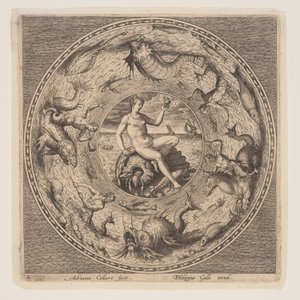 Thetis auf einer Muschel, aus einem Satz von Designs für Teller von Adriaen Collaert