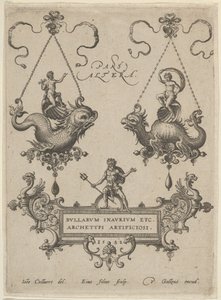 Titelblatt mit zwei Anhänger-Designs oben und Neptun, der auf einer Kartusche steht, unten, 1582 von Adriaen Collaert