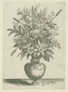 Vase mit Blumen, darunter Trompetennarzissen (Florilegium) von Adriaen Collaert