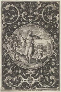 Venus und Amor in einem dekorativen Rahmen mit Grotesken, aus dem Urteil des Paris von Adriaen Collaert