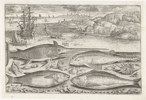 Vier Fische am Strand von Adriaen Collaert