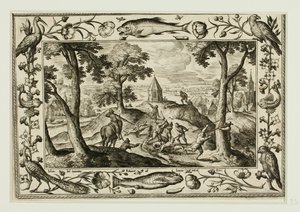 Wolfsjagd, aus Landschaften mit alten und neuen Testament-Szenen und Jagdszenen