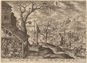 Der Engel sagt Joseph, er solle fliehen und die Flucht nach Ägypten von Adriaen Collaert after Hans Bol