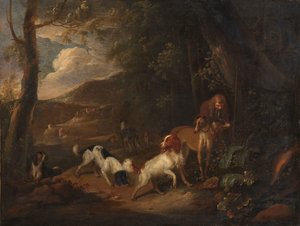 Jäger mit Hunden am Waldrand von Adriaen Cornelisz Beeldemaker