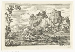 Landschaft mit großem Felsen bei einem Fluss von Adriaen Frans Boudewyns