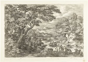 Landschaft mit Jägern auf dem Heimweg, in der Ferne ein Schloss (Landschappen met jagers)