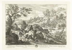 Landschaft mit Reitern bei Felsen (Landschaften mit Jägern) von Adriaen Frans Boudewyns