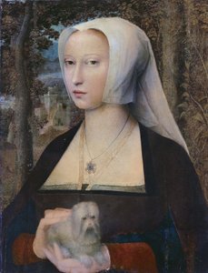 Porträt einer Dame, halblang, mit einem Hund