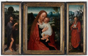 Madonna mit Johannes dem Täufer und St. Hieronymus von Adriaen Isenbrandt or Isenbrant