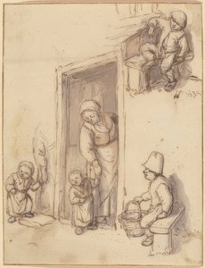 Studienblatt mit einer Mutter und ihrer Tochter in der Haustür, zwei sitzende Jungen von Adriaen Jansz. van Ostade