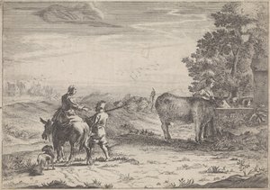 Landschaft mit Frau, die eine Kuh tränkt