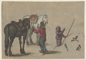 Mann, der zwei Pferde hält, und ein Mann bei Vögeln von Adriaen Pietersz van de Venne (possibly)