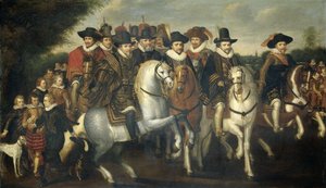 Prinz Moritz begleitet von seinen zwei Brüdern, Friedrich V., Kurfürst von der Pfalz, und Grafen von Nassau zu Pferd, ca. 1625 von Adriaen Pietersz van de Venne