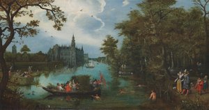 Sommerlandschaft mit Bootsparty und Badenden