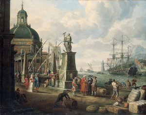 Ein Capriccio eines Mittelmeerhafens mit Kaufleuten, einem eleganten Paar am Kai, vor einer Statue der Hoffnung und einer barocken Kirche, einem Leuchtturm, einem niederländischen Kriegsschiff und anderen Schiffen dahinter, 1700