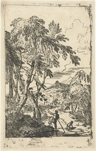 Bergige Landschaft mit Bäumen und Mann mit Hund von Adriaen van Diest