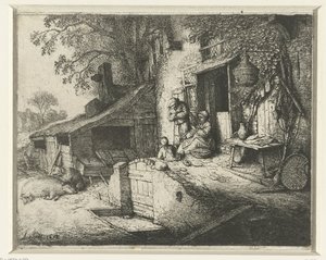 Spinnende Frau vor einem Haus von Adriaen van Ostade (signed by artist)
