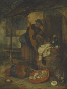 Ein Dienstmädchen an einer Tür mit einem Fass und Gemüse von Adriaen Jansz. van Ostade