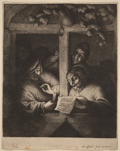 Vier Männer am Fenster, einer liest bei Kerzenlicht von einem Blatt von Adriaen van Ostade