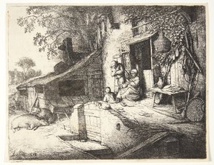 Frau, die vor einem Bauernhaus spinnt