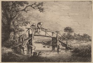 Landschaft mit Brücke und zwei Fischern von Adriaen van Ostade
