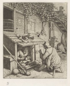 Schuster in einem Laden vor seinem Haus und ein Kunde von Adriaen van Ostade