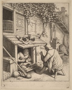Raucher auf einem Hocker im Gespräch mit einem arbeitenden Schuster von Adriaen van Ostade
