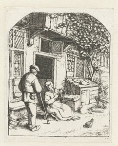 Spinnerin sitzt auf der Schwelle eines Hauses im Gespräch mit einem Mann von Adriaen van Ostade