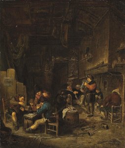Taverneninterieur mit Bauern, die Karten spielen, rauchen und trinken