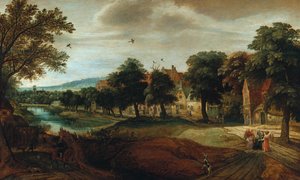 Eine bewaldete Flusslandschaft mit Dorfgebäuden und Abraham und den drei Engeln von Adriaen van Stalbemt
