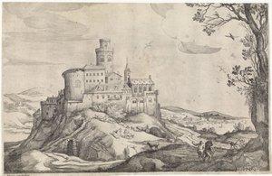 Landschaft mit einem Schloss auf einem Berg von Adriaen van Stalbemt