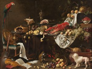 Prunkstillleben mit einem Papagei, Hund und Affe