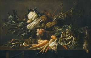 Stillleben mit Artischocke, Spargel, Grünkohl, Zwiebeln, Bohnen, Karotten und anderem Gemüse auf einer Holzbank von Adriaen van Utrecht