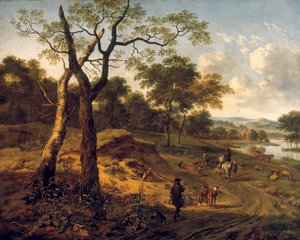 Bewaldete Abendlandschaft mit einem Jäger und Hunden von Adriaen van de Velda