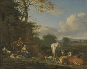Arkadische Landschaft mit ruhenden Hirten und Tieren, 1664