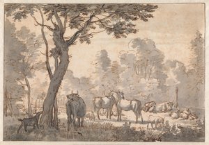 Baumreiche Landschaft mit Pferden, Kühen und Ziegen von Adriaen van de Velde