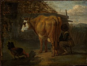 Braune Kuh von einem Hirten gemolken von Adriaen van de Velde
