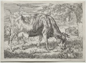 Kuh und zwei Schafe am Fuße eines Baumes von Adriaen van de Velde